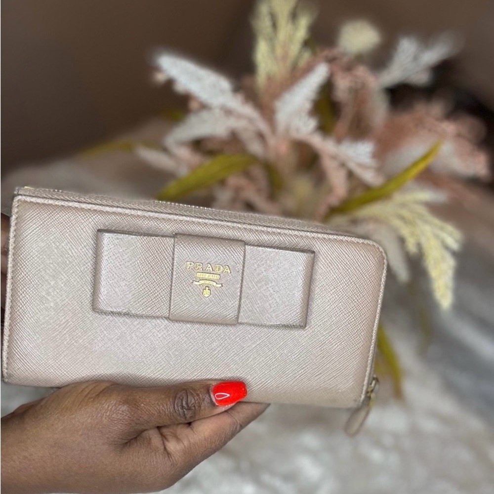 Prada Cream Wallet with Bow Detail and Textured Leather